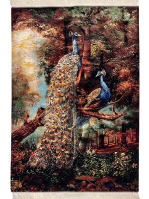 فرش ربات بافت مستطیل باغ طاووس 70 رج ابریشم و بنبوسیلک کد 2003920