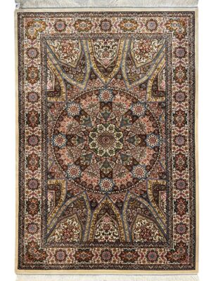 فرش ربات بافت مستطیل گنبدی اسلیمی 70 رج ابریشم و بنبوسیلک کد 2003926