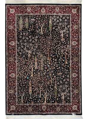 فرش ربات بافت مستطیل درخت سروی 70 رج ابریشم و بنبوسیلک کد 2003930