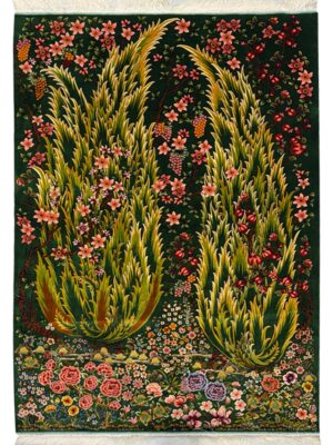 فرش ربات بافت مستطیل درخت سروی 70 رج ابریشم و بنبوسیلک کد 2003933