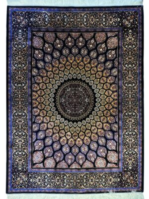 فرش ربات بافت مستطیل لچک ترنجی گنبدی 70 رج ابریشم و بنبوسیلک کد 2003936