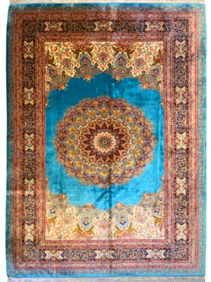 فرش ربات بافت مستطیل لچک ترنجی کف ساده 70 رج کرک و بمبوسیلک کد 2003946