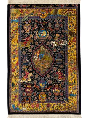 فرش دست بافت مستطیل شکارگاه میوه چی 80 رج تمام ابریشم کد 2003964