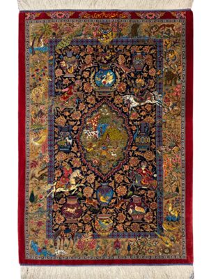 فرش دست بافت مستطیل شکارگاه میوه چی 80 رج تمام ابریشم کد 2003966