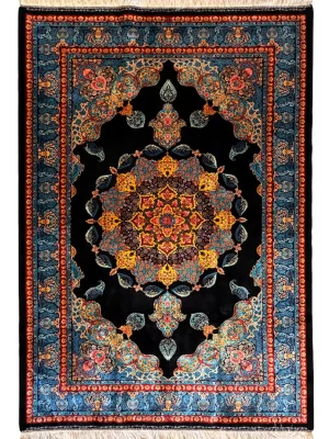 فرش ربات بافت 3.375 متری قم مستطیل کف ساده ترنجی 70 رج ابریشم و بنبوسیلک2004520