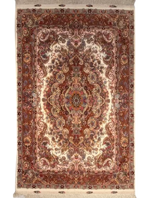فرش دست بافت کرک و ابریشم مشهد 6 متری خطیبی 40 رج کرم / بژ 200*300 مستطیل 20 کیلو