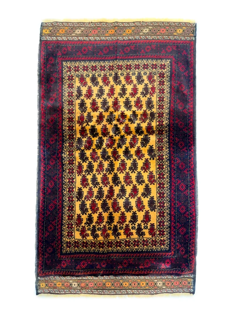 فرش دست بافت پشم خان محمدی 1.5 متری هندسی 40 رج کرم / بژ 90*130 مستطیل کیلو1