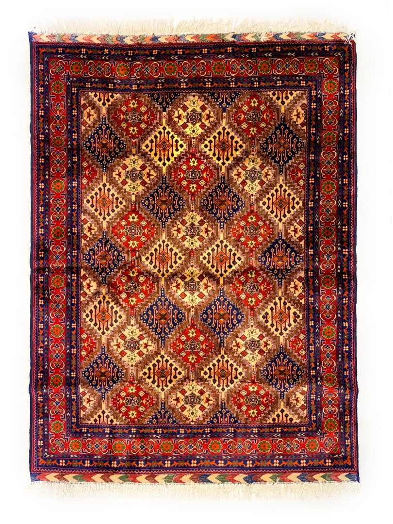 فرش دست بافت 3 متری خان محمدی 130*194 مستطیل هندسی 40 رج پشم کرم / بژ 8 کیلو سنتی