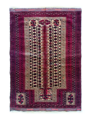 فرش دست بافت پشم بلوچ 1.5 متری سجاده ای 40 رج قرمز / لاکی 96*135 مستطیل 2 کیلو