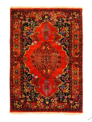 فرش دست بافت 3 متری عشایری/قشقایی 140*190 مستطیل کرمان 40 رج پشم و ابریشم قرمز / لاکی 8 کیلو سنتی