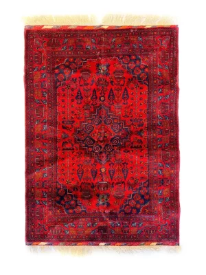 فرش دست بافت 1.5 متری خان محمدی 100*150 مستطیل کاسه کوزه 40 رج کرک مرینوس قرمز / لاکی 5 کیلو سنتی