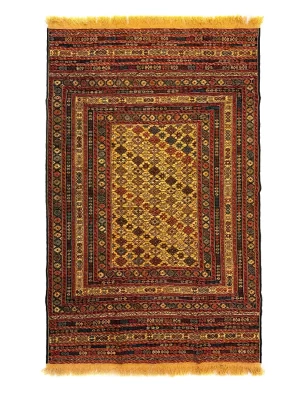 فرش دست بافت پشم گلیم فرش 3 متری هندسی 40 رج طلایی / خردلی 190*127 مستطیل 2 کیلو