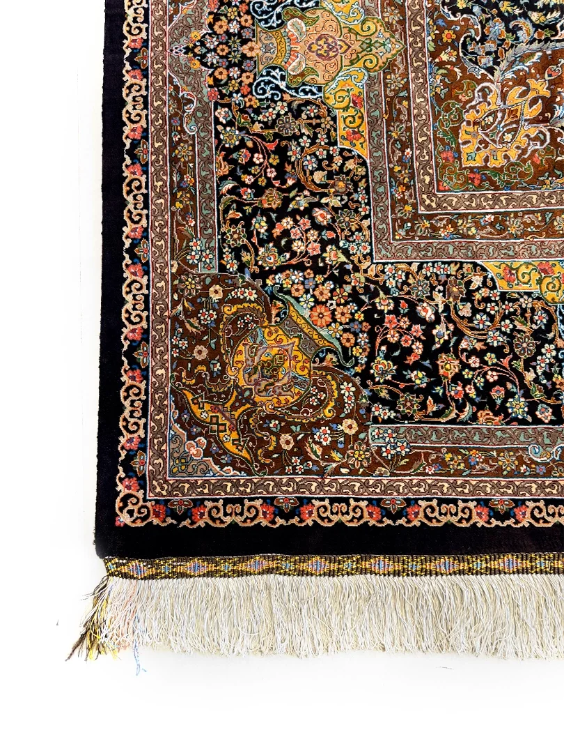 فرش دست بافت تمام ابریشم قم 9 متری احمدی 80 رج کرم / بژ 250*350 مستطیل 15 کیلو - Image 3