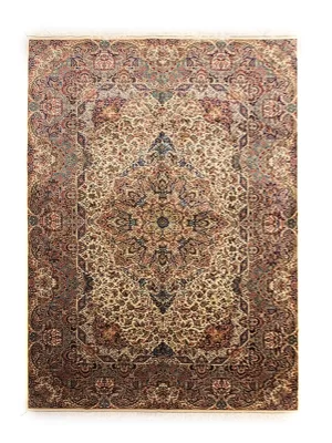 فرش ربات بافت ابریشم و بنبوسیلک قم 6 متری لچک ترنچی فرج مهران 90 رج کرم / بژ 200*300 مستطیل 12 کیلو