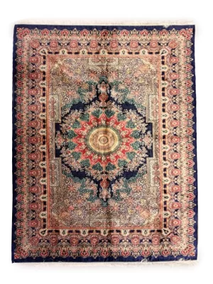 فرش ربات بافت ابریشم و بنبوسیلک قم 6 متری لچک ترنجی ذبیهی 90 رج کرم / بژ 200*300 مستطیل 12 کیلو