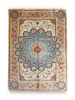 فرش ربات بافت ابریشم و بنبوسیلک قم 6 متری گنبدی اصفهان 70 رج کرم / بژ 200*300 مستطیل 12 کیلو