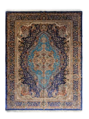 فرش ربات بافت کرک و بمبوسیلک تبریز 9 متری سالاری موج مهر 70 رج آبی / سرمه ایی 250*350 مستطیل 23 کیلو