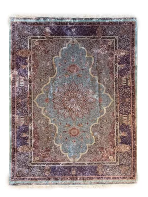 فرش ربات بافت ابریشم و بنبوسیلک قم 6 متری جمشیدی 70 رج آبی / سرمه ایی 200*300 مستطیل 12 کیلو