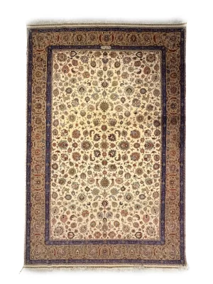 فرش دست بافت کرک و ابریشم تبریز 6 متری افشان یکسره 90 رج کرم / بژ 200*300 مستطیل 15 کیلو