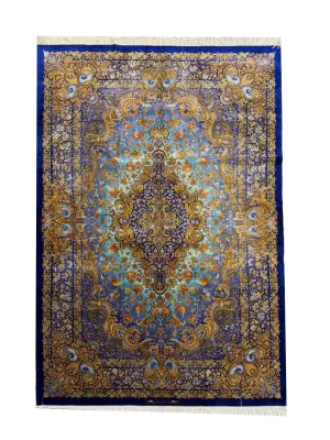 فرش دست بافت تمام ابریشم قم 3 متری لاجوردی 80 رج آبی / سرمه ایی 150*200 مستطیل 5 کیلو