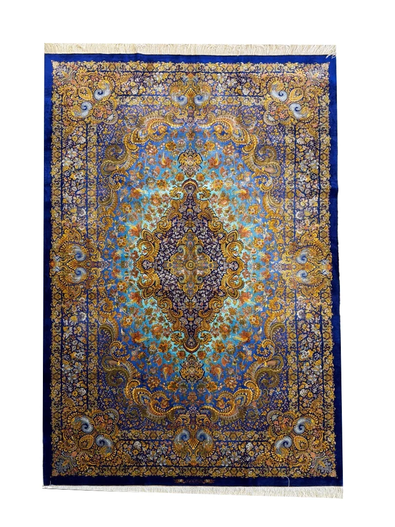 فرش دست بافت تمام ابریشم قم 3 متری لاجوردی 80 رج آبی / سرمه ایی 150*200 مستطیل 5 کیلو