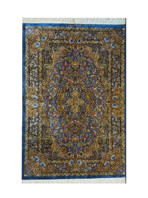 فرش دست بافت تمام ابریشم قم 3 متری لاجوردی 80 رج طوسی / نقره ایی 150*200 مستطیل 5 کیلو