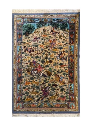 فرش دست بافت تمام ابریشم قم 3 متری شکارگاه صادق زاده 80 رج کرم / بژ 150*200 مستطیل 5 کیلو