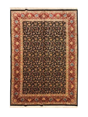 فرش ربات بافت ابریشم و بنبوسیلک قم 6 متری افشان شاه عباسی 90 رج مشکی 200*300 مستطیل 12 کیلو