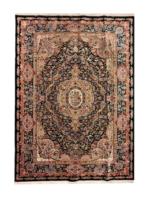 فرش ربات بافت کرک و بمبوسیلک تبریز 6 متری سالاری 70 رج مشکی 200*300 مستطیل 16 کیلو