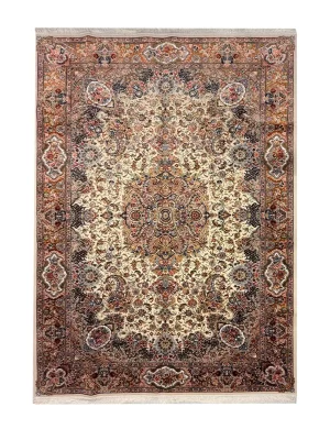 فرش ربات بافت کرک و بمبوسیلک تبریز 6 متری سالاری لچک قهر و اشتی 60 رج کرم / بژ 200*300 مستطیل 16 کیلو