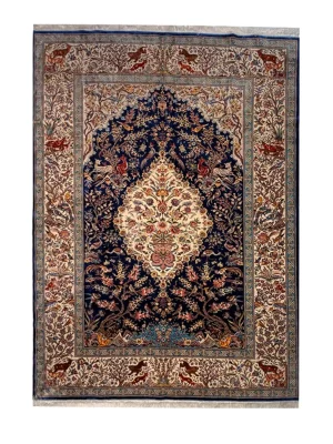 فرش ربات بافت کرک و بمبوسیلک تبریز 9 متری درخت زندگی - لچک ترنجی 70 رج آبی / سرمه ایی 250*350 مستطیل 23 کیلو