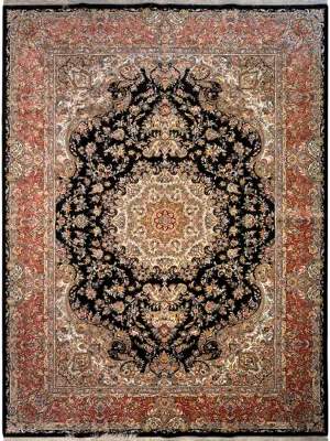 فرش ربات بافت کرک و بمبوسیلک تبریز 9 متری خطیبی دو متن 70 رج مشکی 250*350 مستطیل 23 کیلو