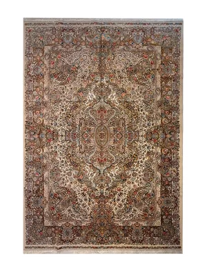 فرش ربات بافت کرک و بمبوسیلک تبریز 9 متری سالاری سه متن 70 رج کرم / بژ 250*350 مستطیل 23 کیلو