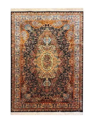 فرش ربات بافت ابریشم و بنبوسیلک قم 2 متری خطیبی لچک گلدان 70 رج مشکی 120*180 مستطیل 8 کیلو