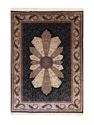 فرش ربات بافت ابریشم و بنبوسیلک قم 3 متری لچک ترنچی میزرایی 70 رج مشکی 150*225 مستطیل 8 کیلو