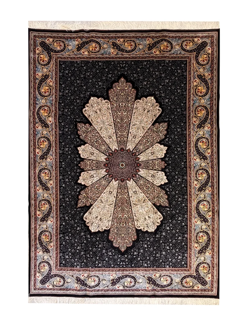 فرش ربات بافت ابریشم و بنبوسیلک قم 3 متری لچک ترنچی میزرایی 70 رج مشکی 150*225 مستطیل 8 کیلو