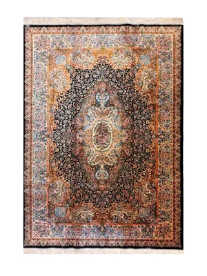 فرش ربات بافت ابریشم و بنبوسیلک قم 3 متری خطیبی لچک گلدان 80 رج مشکی 150*225 مستطیل 8 کیلو