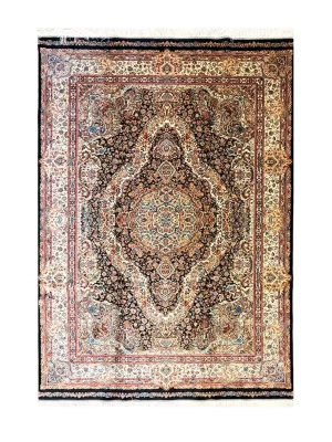 فرش ربات بافت ابریشم و بنبوسیلک قم 3 متری نوین فر موج مهر 80 رج مشکی 150*225 مستطیل 8 کیلو