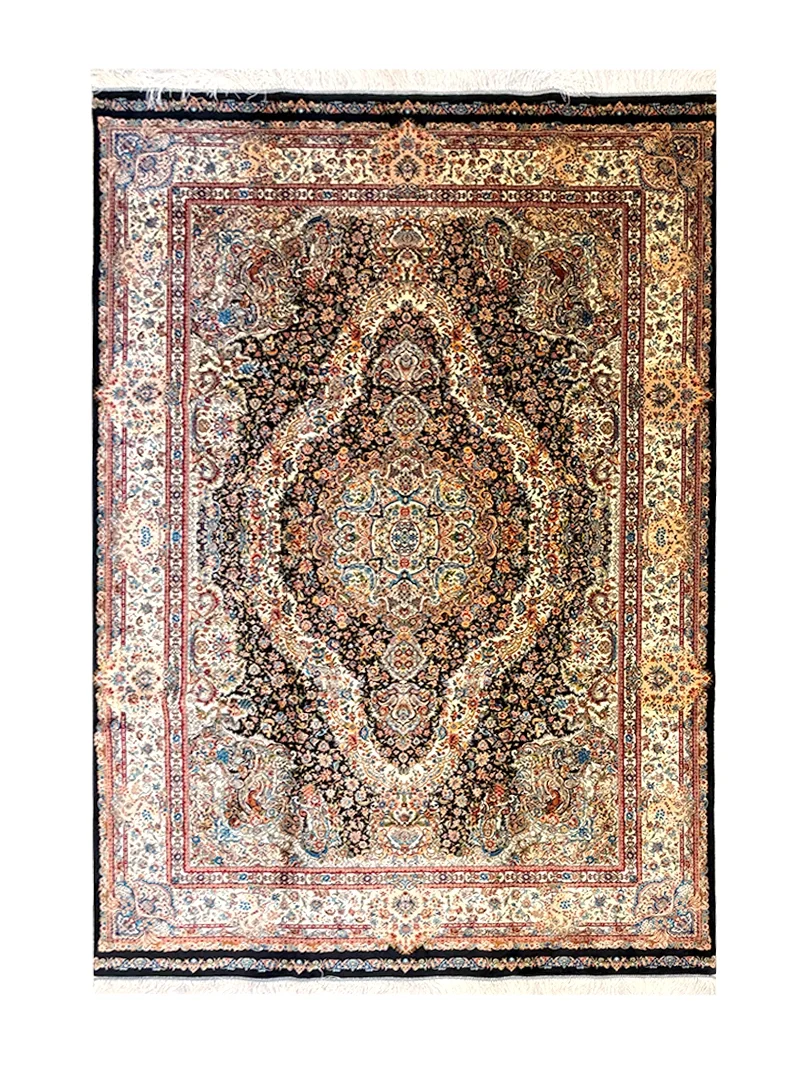 فرش ربات بافت ابریشم و بنبوسیلک قم 3 متری نوین فر موج مهر 80 رج مشکی 150*225 مستطیل 8 کیلو