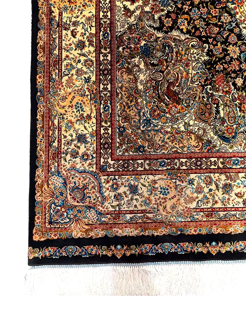 فرش ربات بافت ابریشم و بنبوسیلک قم 3 متری نوین فر موج مهر 80 رج کرم / بژ 150*225 مستطیل 8 کیلو - Image 2