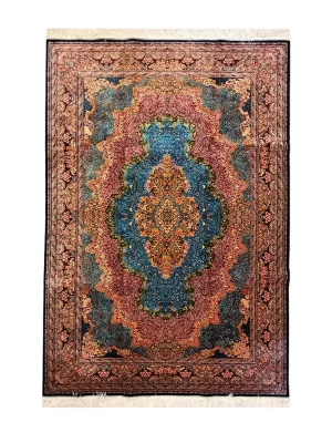 فرش ربات بافت ابریشم و بنبوسیلک قم 3 متری لچک ترنجی کاظمی 80 رج الوان 150*225 مستطیل 8 کیلو