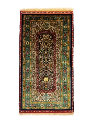 فرش دست بافت تمام ابریشم تمام ابریشم خراسان 1 متری درخت زندگی 80 رج سبز 09*107 مربع 2 کیلو