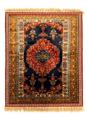 فرش دست بافت تمام ابریشم تمام ابریشم خراسان 1.5 متری لچک ترنجی کف ساده 80 رج آبی / سرمه ایی 103*137 مستطیل 2 کیلو