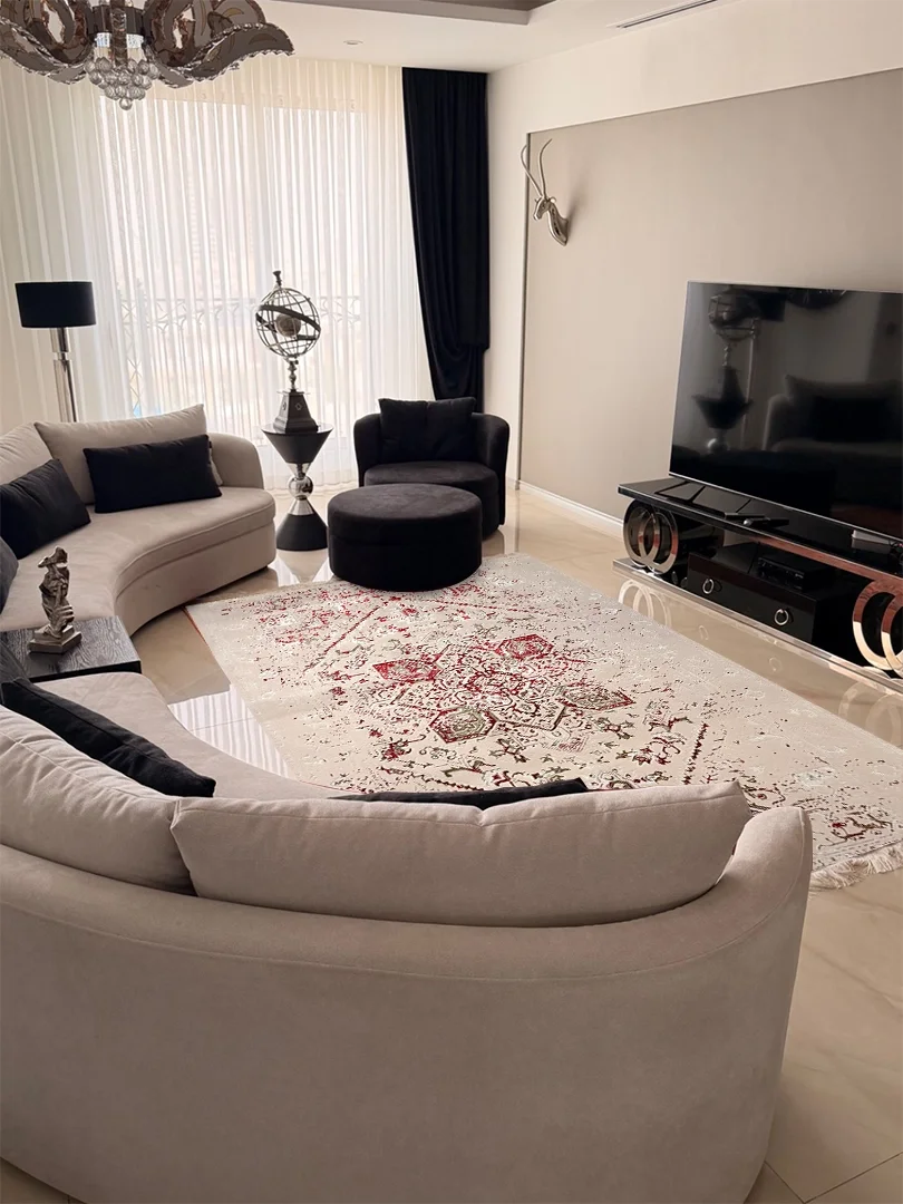 فرش ربات بافت پشم و ابریشم مدرن 1.5 متری هریس مدرن 40 رج کرم / بژ 100*150 مستطیل 2 کیلو - Image 3