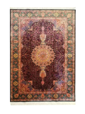 فرش ربات بافت ابریشم و بنبوسیلک قم 3 متری لچک ترنچی رادان 80 رج مشکی 150*225 مستطیل 8 کیلو