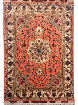 فرش دست بافت کرک و ابریشم تبریز 3 متری تقی زاده 50 رج خاکی / آجری 150*200 مستطیل 10 کیلو