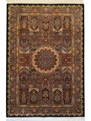 فرش ربات بافت ابریشم و بنبوسیلک قم 1.5 متری لچک ترنج قابی 70 رج مشکی 100*150 مستطیل 6 کیلو