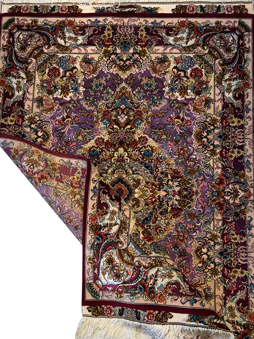 فرش دست بافت کرک و ابریشم تبریز 1.5 متری خطیبی لچک گلدان 60 رج بنفش 100*150 مستطیل 5 کیلو - Image 2