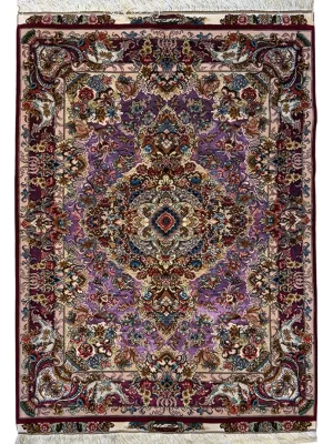 فرش دست بافت کرک و ابریشم تبریز 1.5 متری خطیبی لچک گلدان 60 رج بنفش 100*150 مستطیل 5 کیلو