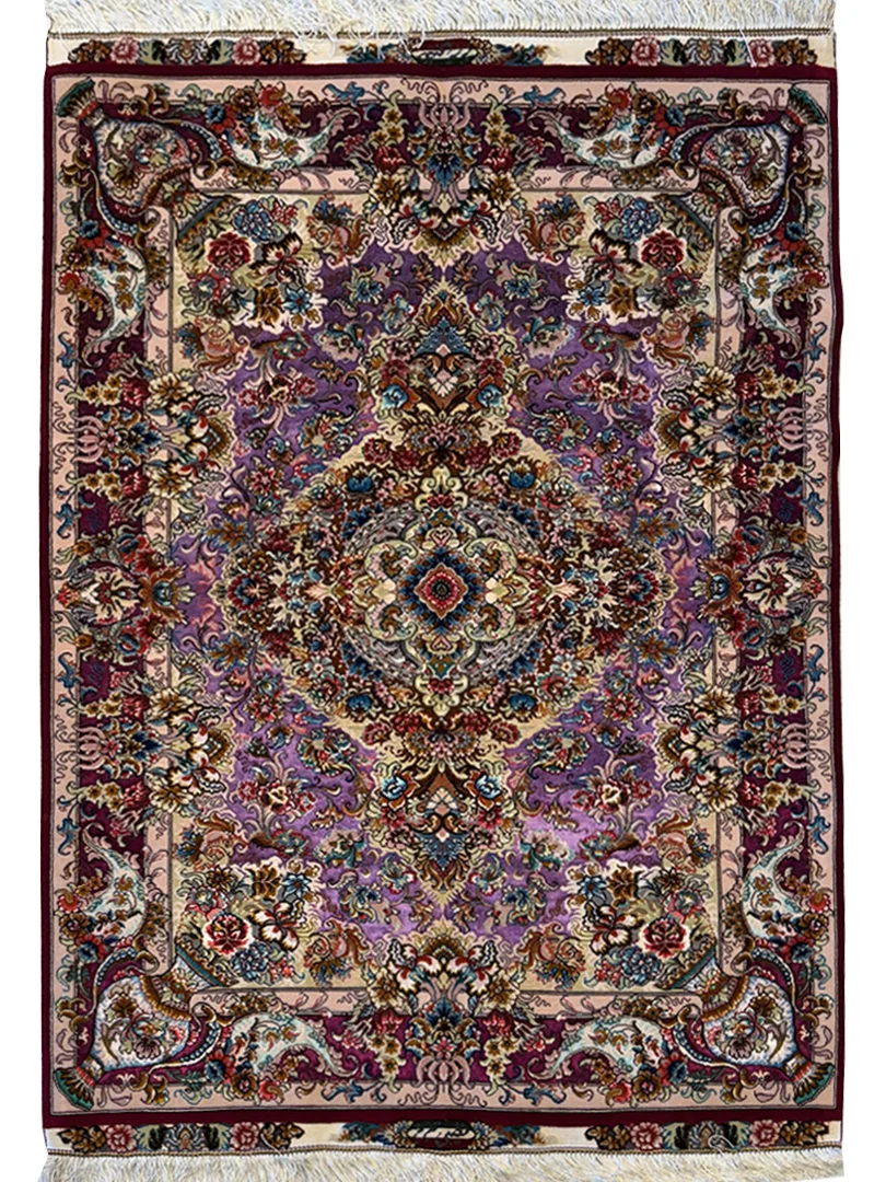 فرش دست بافت کرک و ابریشم تبریز 1.5 متری خطیبی لچک گلدان 60 رج بنفش 100*150 مستطیل 5 کیلو